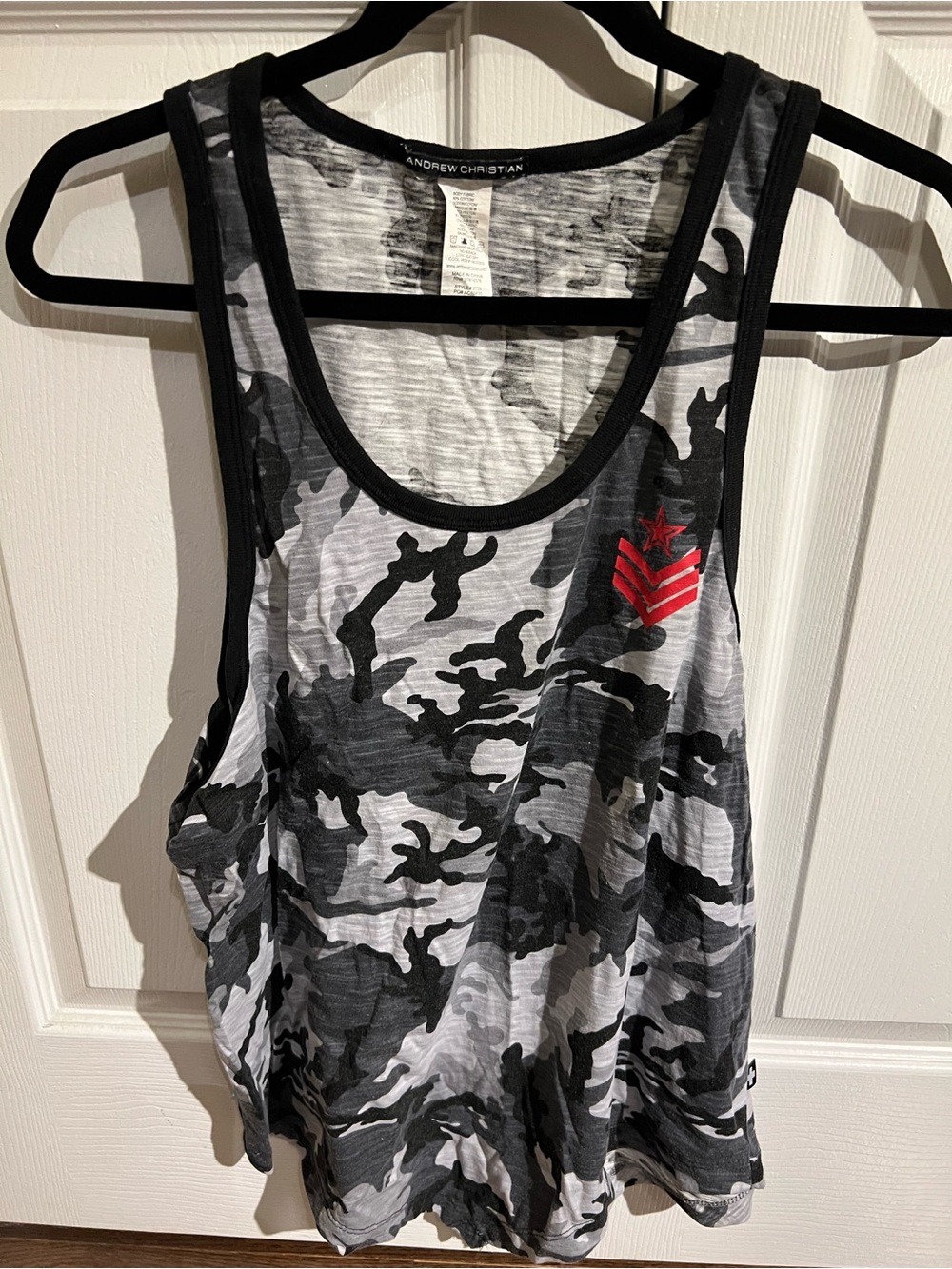 Andrew Christian Black & Gray Camo Tank with Red Chevron Patch
